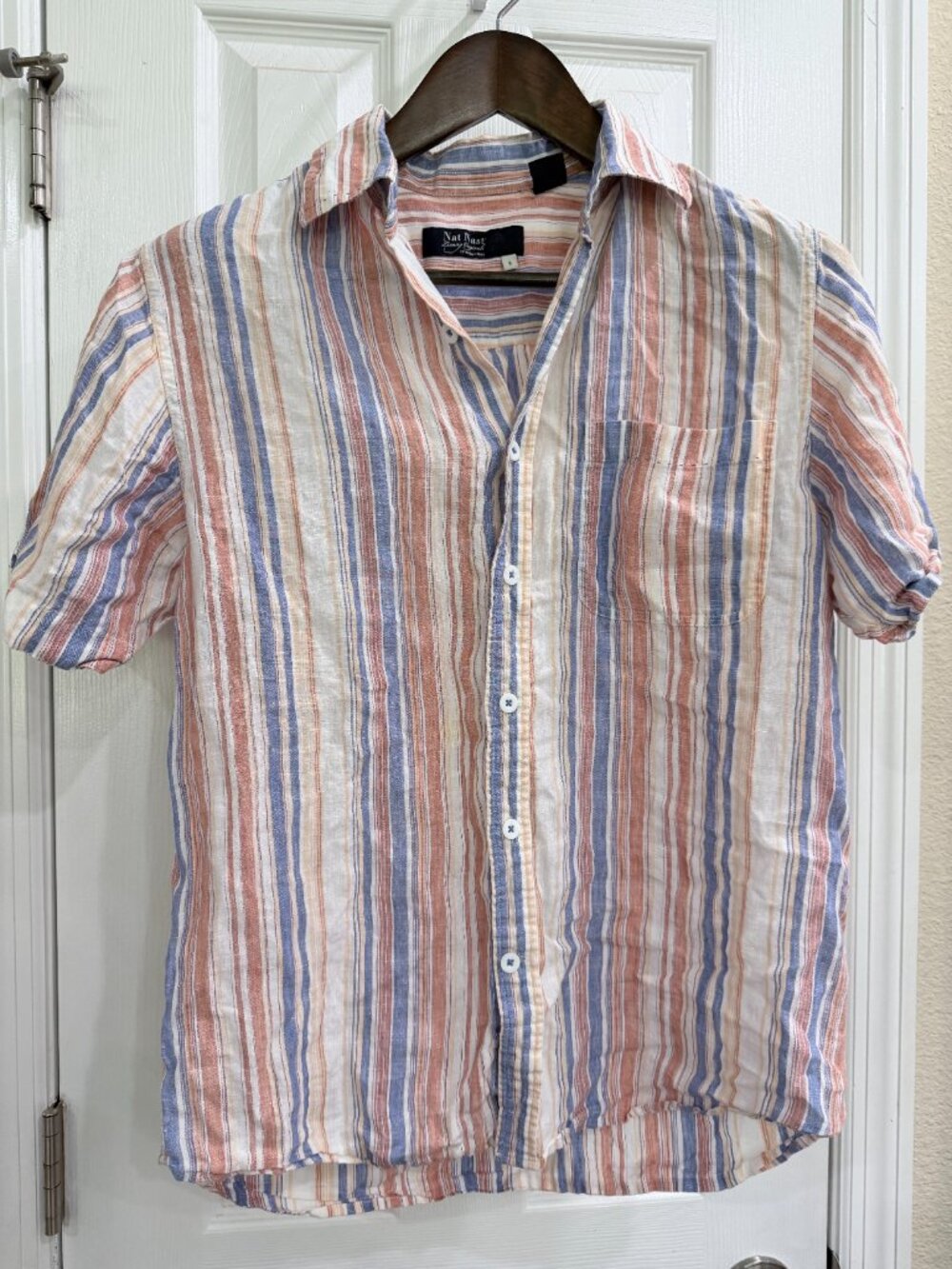 Nat Nast Luxury Originals Linen Shirt Mens Small Bay Blue Striped Short Sleeves